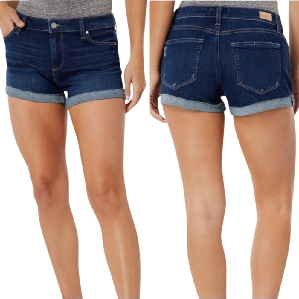 PAIGE Dark Indigo Rolled Hem Denim Shorts